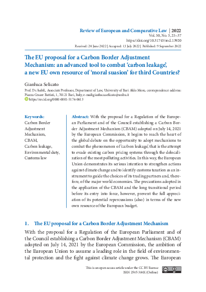 (PDF) EU proposal for a Carbon Border Adjustment Mechanism: an advanced ...