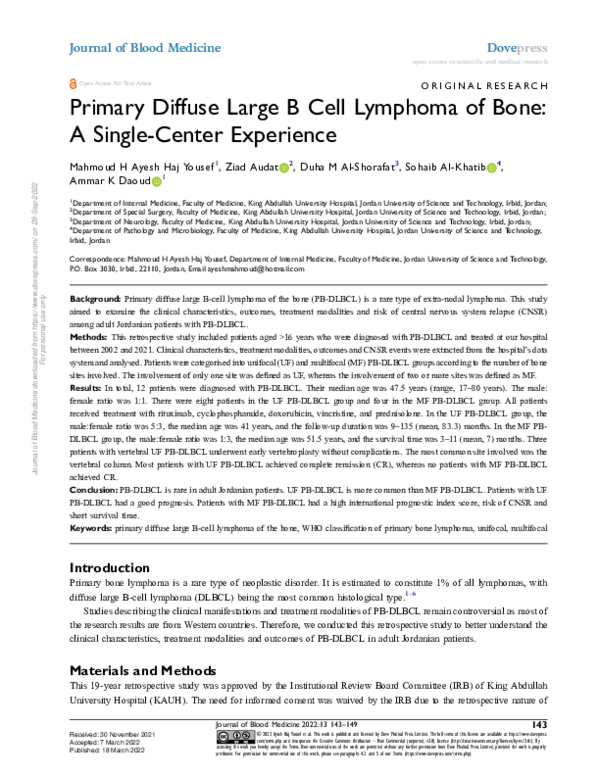 (PDF) Primary Diffuse Large B Cell Lymphoma of Bone: A Single-Center ...