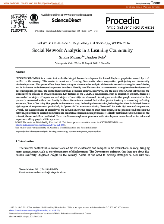 (PDF) Social Network Analysis in a Learning Community