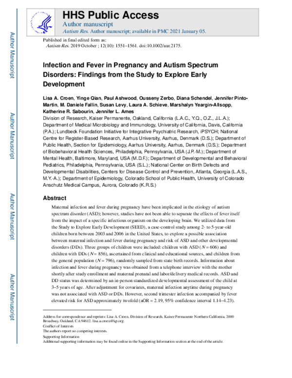 (PDF) Infection and Fever in Pregnancy and Autism Spectrum Disorders ...