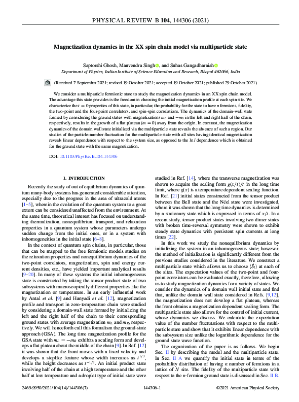 (PDF) Magnetization dynamics in the XX spin chain model via ...