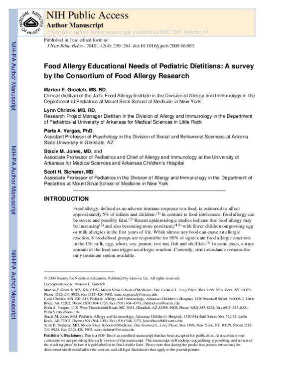 (PDF) Food Allergy Educational Needs of Pediatric Dietitians: A Survey ...