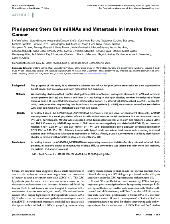 (PDF) Pluripotent stem cell miRNAs and metastasis in invasive breast cancer