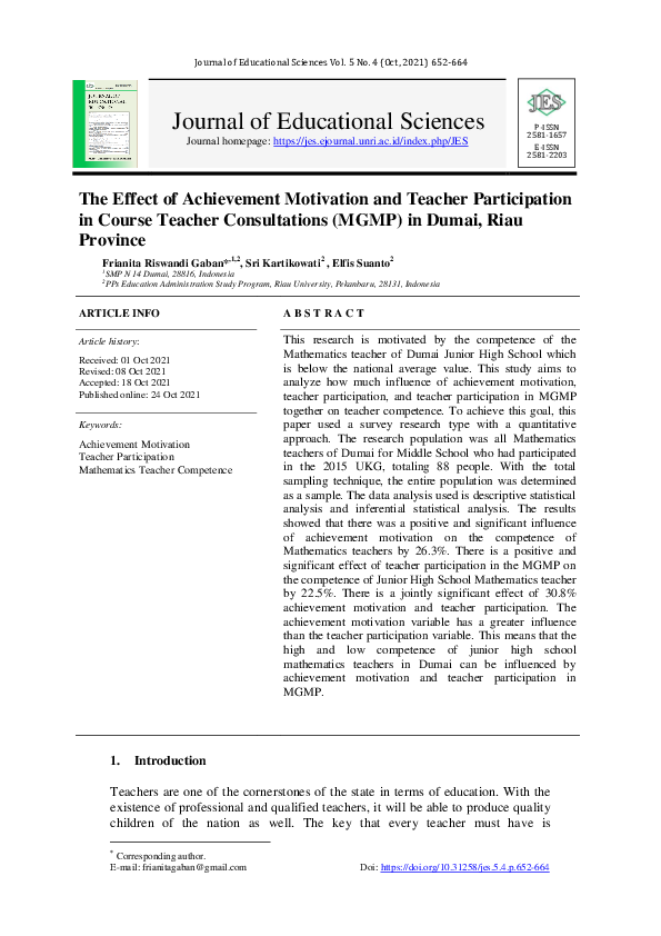 (PDF) The Effect of Achievement Motivation and Teacher Participation in ...