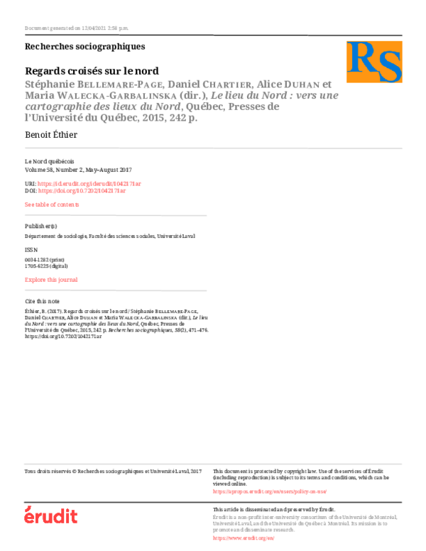 (PDF) Regards croisés sur le nord. Stéphanie Bellemare-Page, Daniel ...
