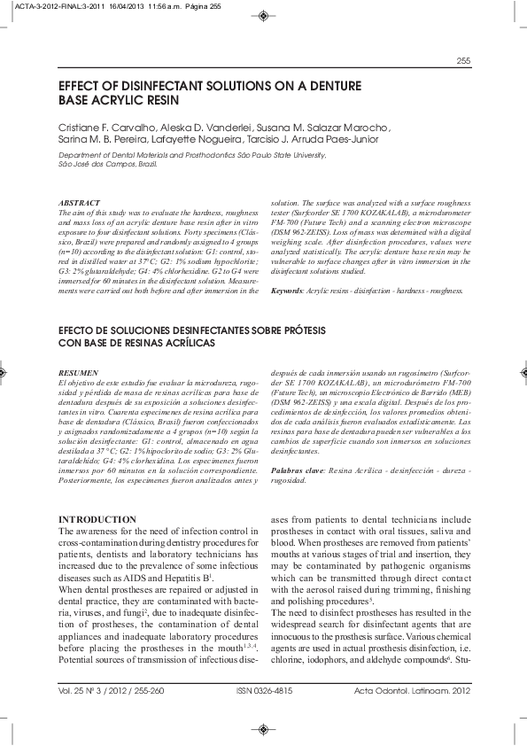 (PDF) Effect of disinfectant solutions on a denture base acrylic resin