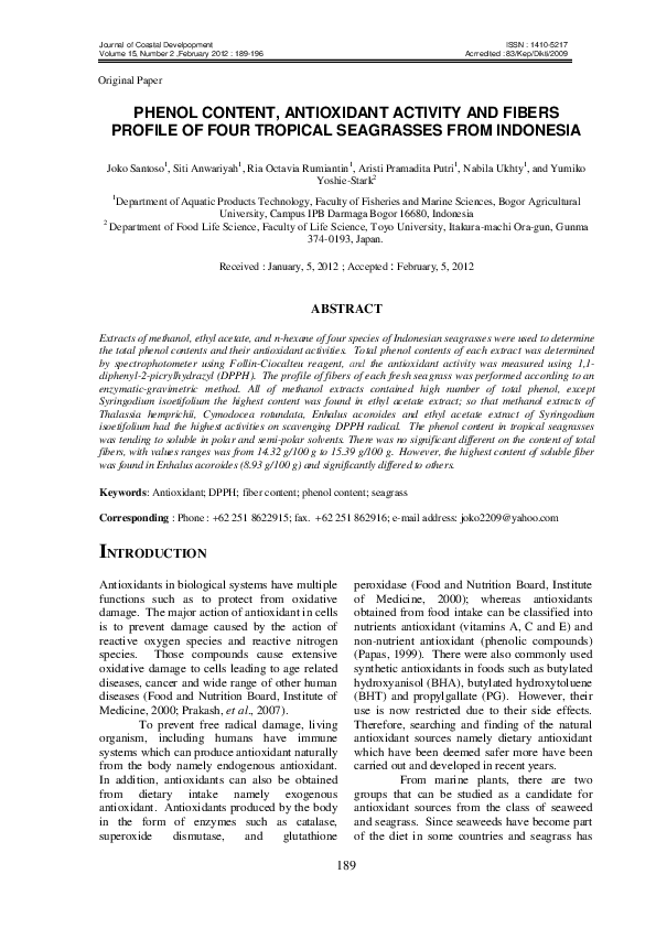 (PDF) Phenol Content, Antioxidant Activity and Fibers Profile of Four ...