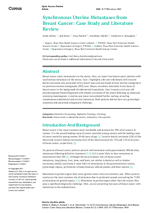 (PDF) Synchronous Uterine Metastases from Breast Cancer: Case Study and ...