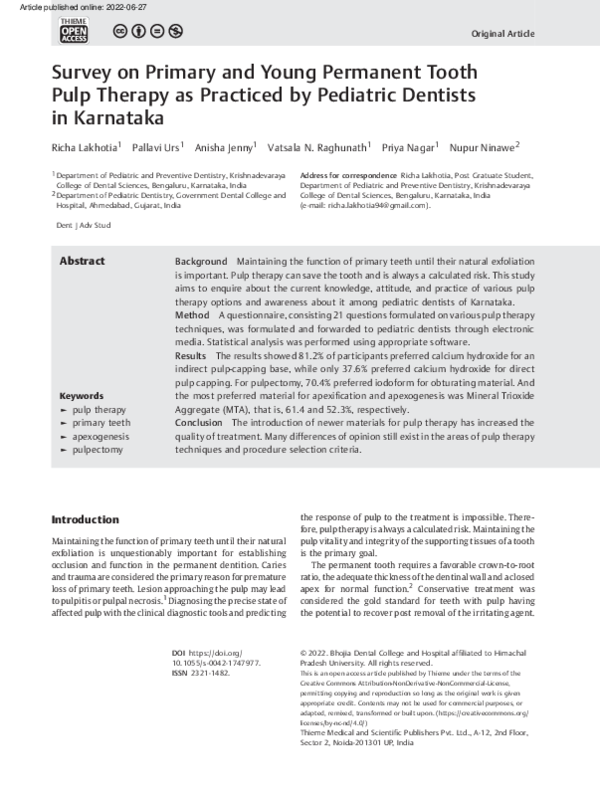 (PDF) Survey on Primary and Young Permanent Tooth Pulp Therapy as ...