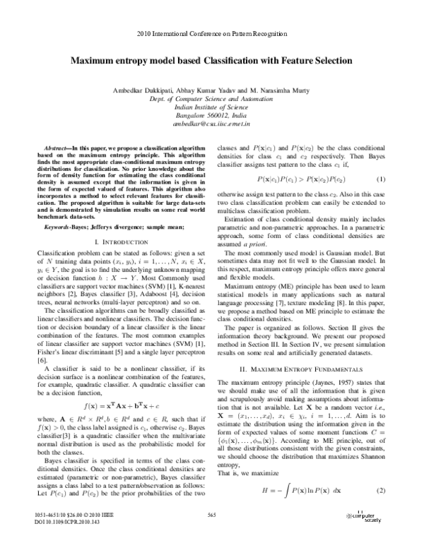 (PDF) Maximum Entropy Model Based Classification with Feature Selection