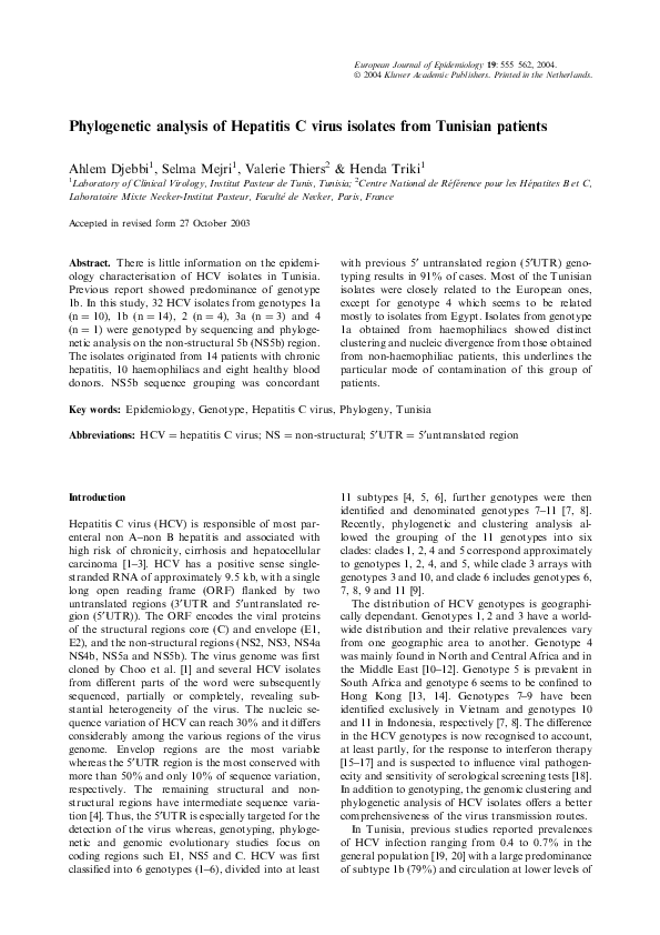(PDF) Phylogenetic Analysis of Hepatitis C Virus Isolates from Tunisian ...
