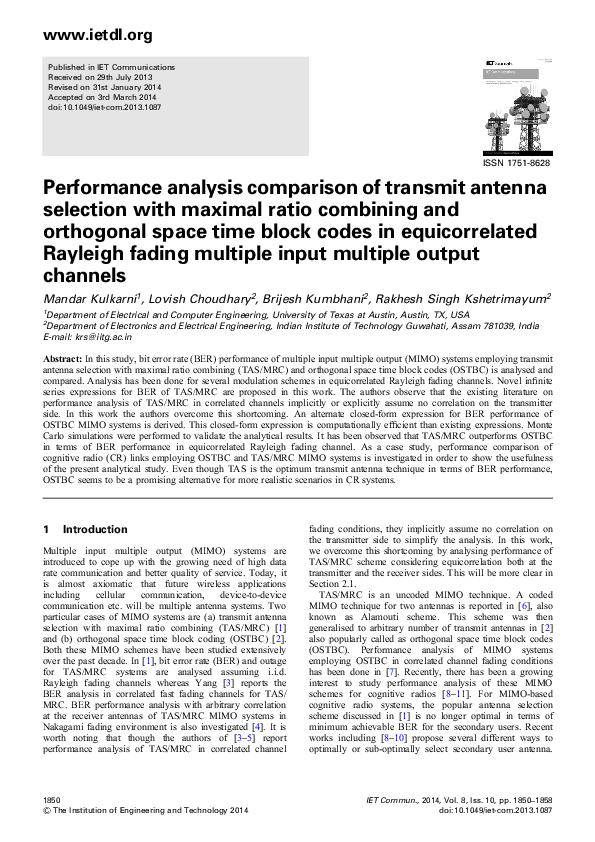 (PDF) Performance analysis comparison of transmit antenna selection ...