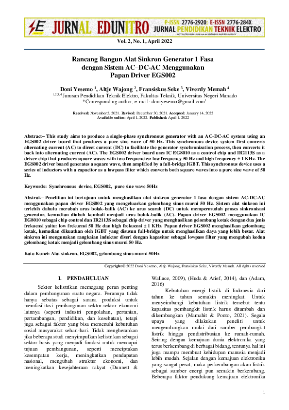 (PDF) Rancang Bangun Alat Sinkron Generator 1 Fasa dengan Sistem AC-DC