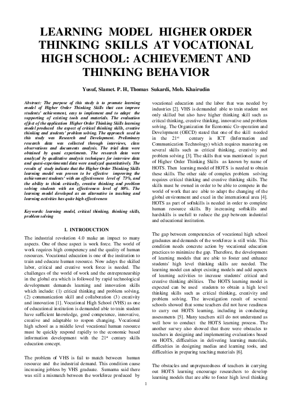 (PDF) LEARNING MODEL HIGHER ORDER THINKING SKILLS AT VOCATIONAL HIGH ...