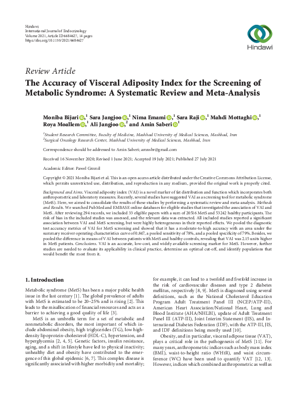 (PDF) The Accuracy of Visceral Adiposity Index for the Screening of ...