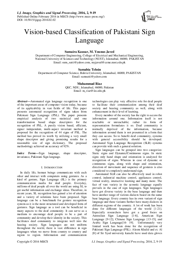 (PDF) Vision-based Classification of Pakistani Sign Language