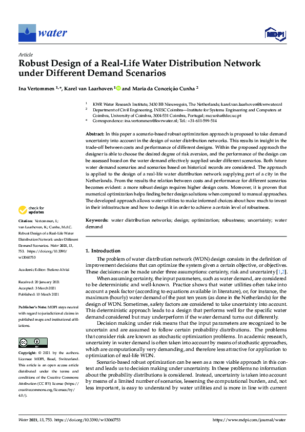 (PDF) Robust Design of a Real-Life Water Distribution Network under ...