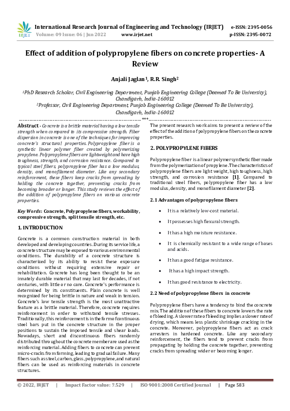 (PDF) Effect of addition of polypropylene fibers on concrete properties ...