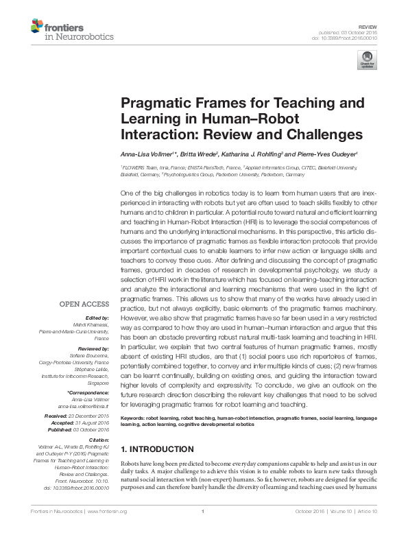 (PDF) Pragmatic Frames for Teaching and Learning in Human–Robot ...