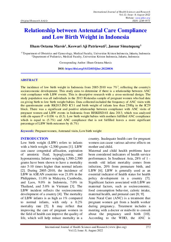 (PDF) Relationship between Antenatal Care Compliance and Low Birth ...