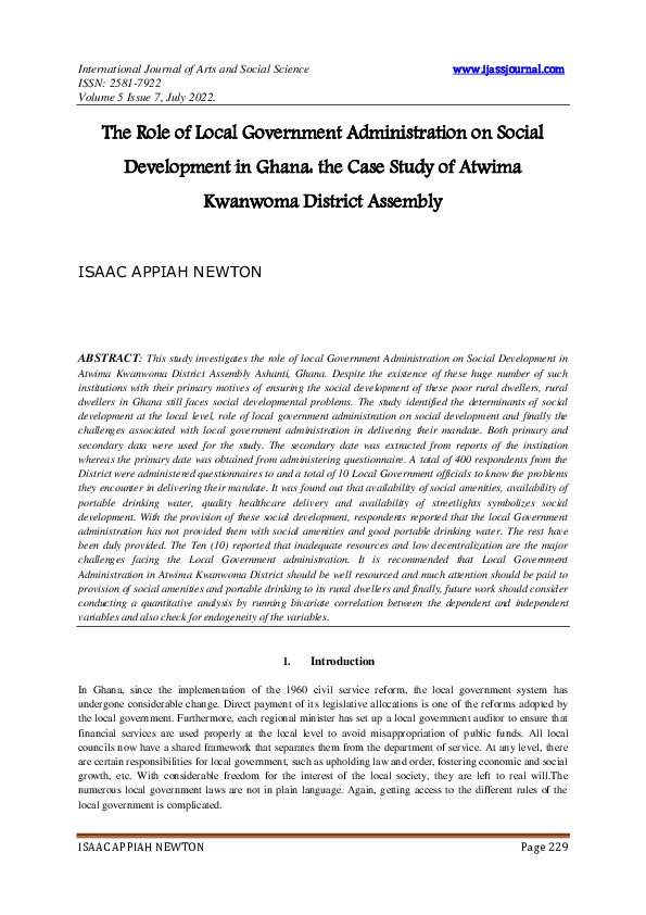 (PDF) The Role of Local Government Administration on Social Development ...