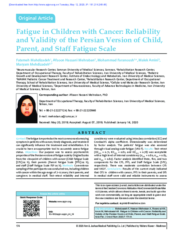 (PDF) Fatigue in Children with Cancer: Reliability and Validity of the ...