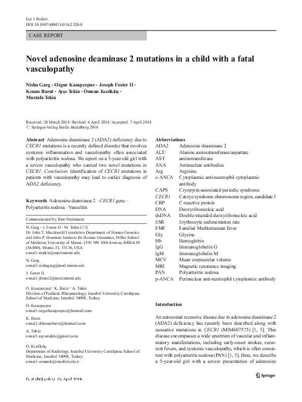 (PDF) Novel adenosine deaminase 2 mutations in a child with a fatal ...