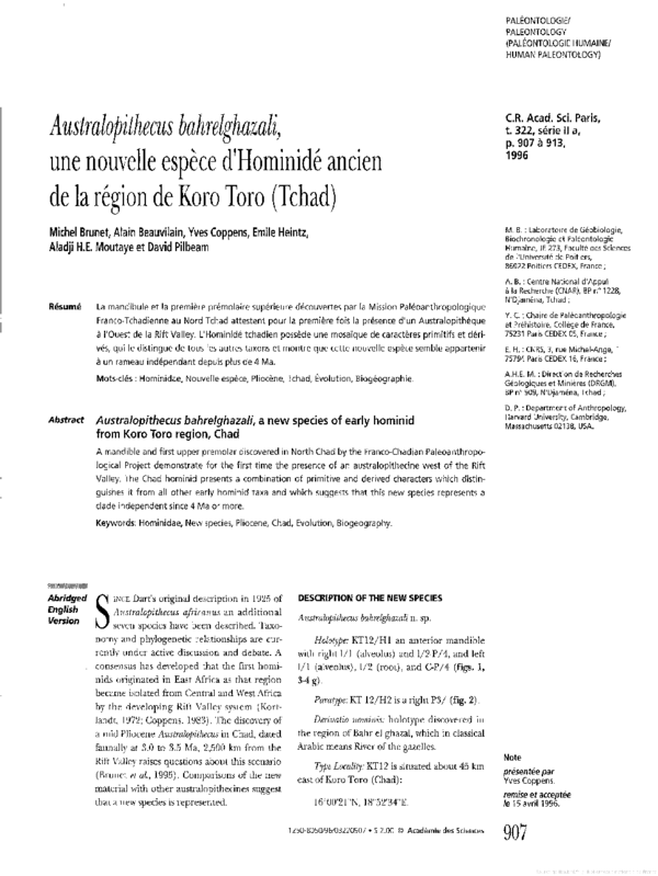 (PDF) Australopithecus bahrelghazali, une nouvelle espèce d'Hominidé
