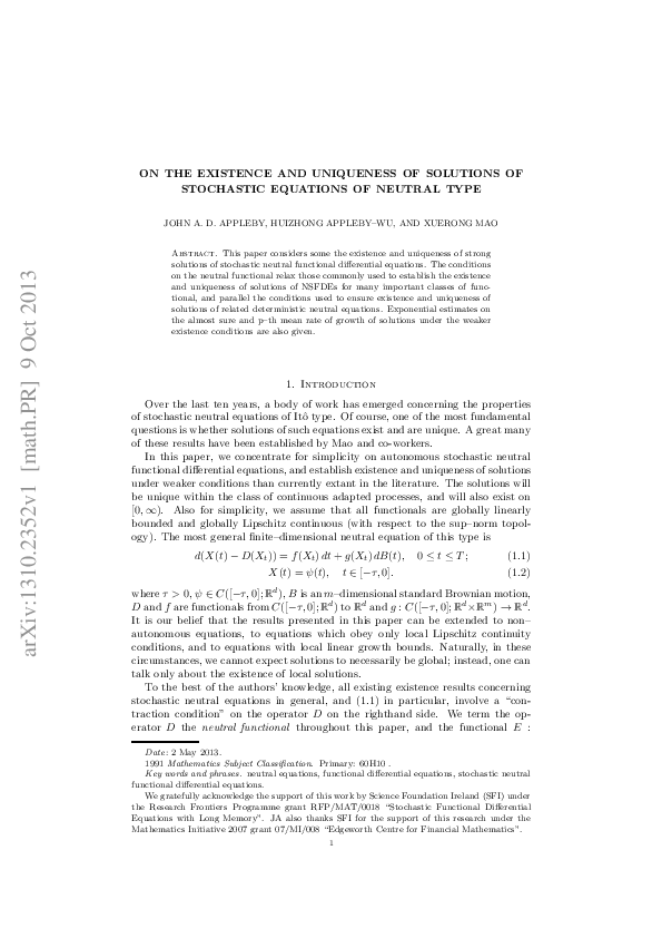 (PDF) On the Existence and Uniqueness of Solutions of Stochastic ...
