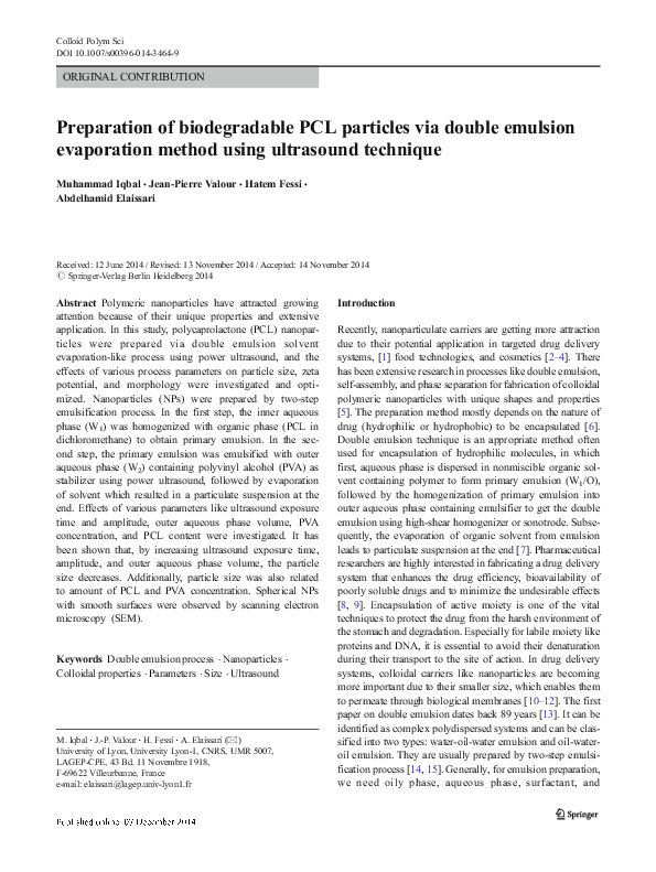 (PDF) Preparation of biodegradable PCL particles via double emulsion ...