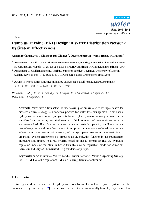 (PDF) Pump as Turbine (PAT) Design in Water Distribution Network by ...