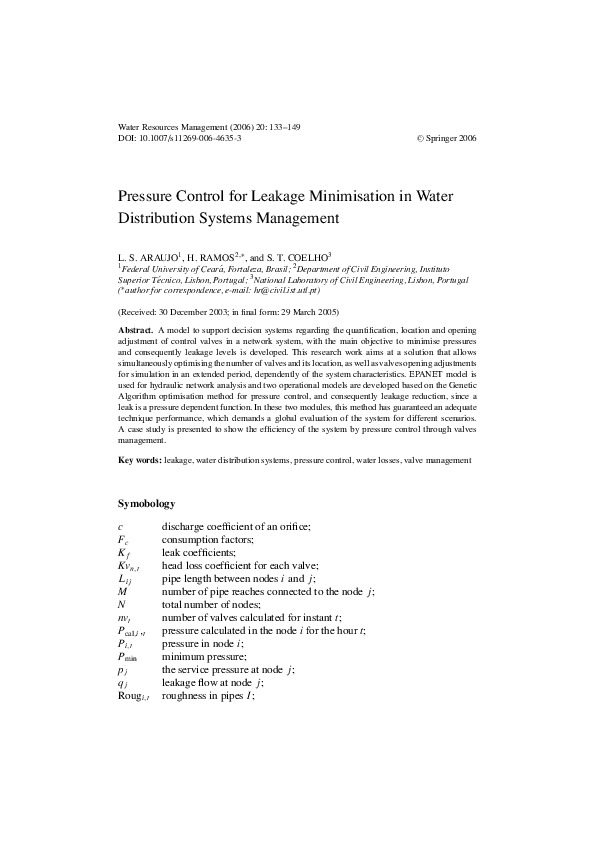 (PDF) Pressure Control for Leakage Minimisation in Water Distribution ...