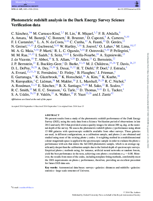 (PDF) Photometric redshift analysis in the Dark Energy Survey Science ...