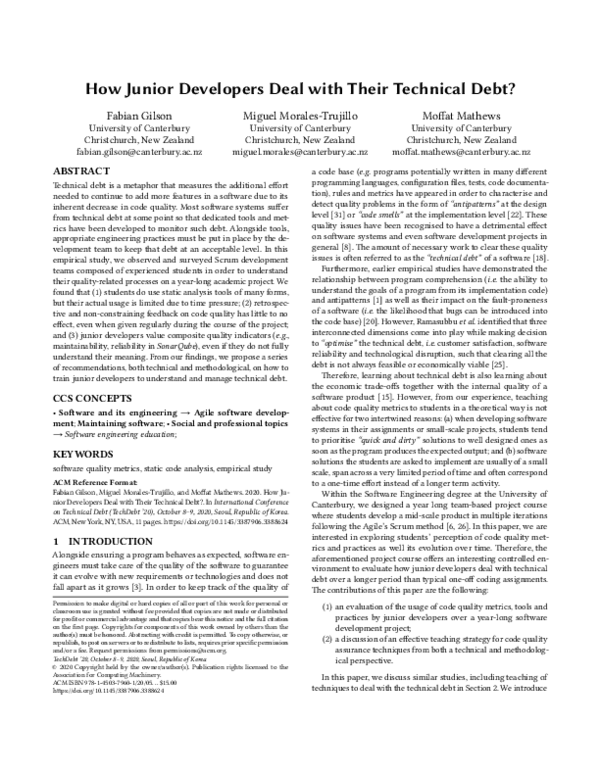 (PDF) How junior developers deal with their technical debt?