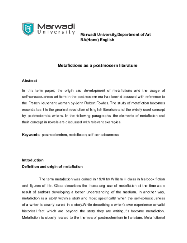 (PDF) Metafictions as a postmodern literature