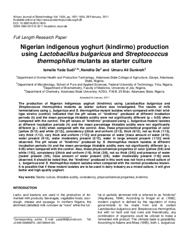 (PDF) Nigerian indigenous yoghurt (kindirmo) production using