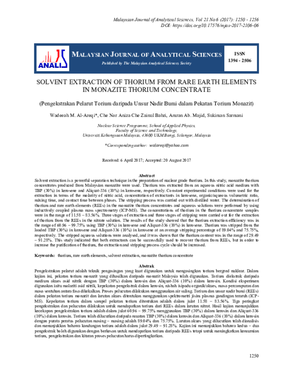 (PDF) Solvent Extraction of Thorium from Rare Earth Elements in ...