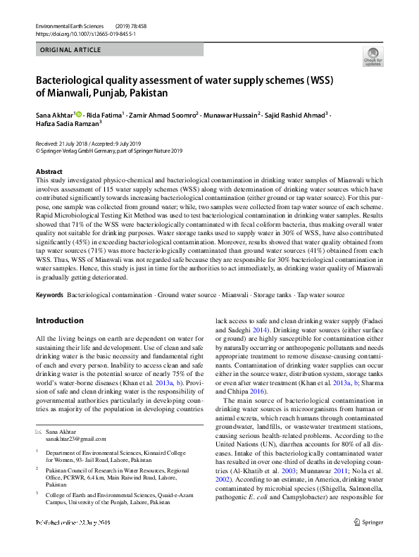 (PDF) Bacteriological quality assessment of water supply schemes (WSS
