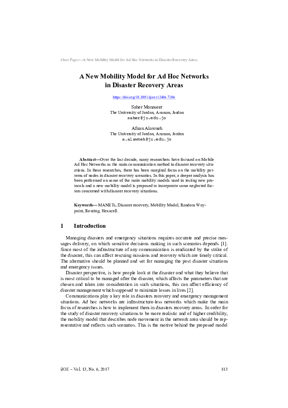 (PDF) A New Mobility Model for Ad Hoc Networks in Disaster Recovery ...