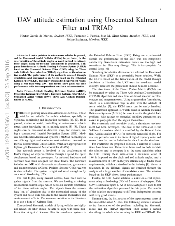 (PDF) UAV Attitude Estimation Using Unscented Kalman Filter and TRIAD