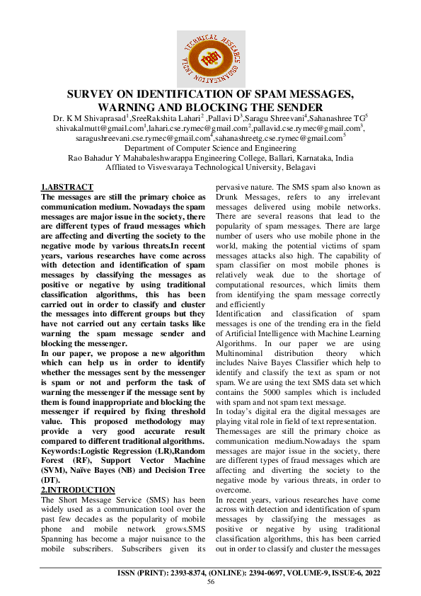 (PDF) SURVEY ON IDENTIFICATION OF SPAM MESSAGES, WARNING AND BLOCKING ...