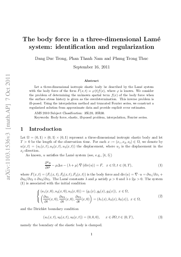 (PDF) The body force in a three-dimensional Lamé system: identification ...
