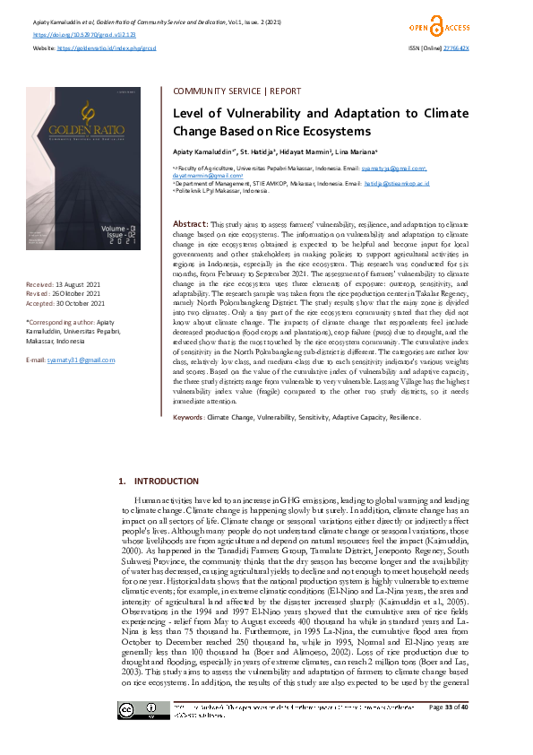 (PDF) Level of Vulnerability and Adaptation to Climate Change Based on ...