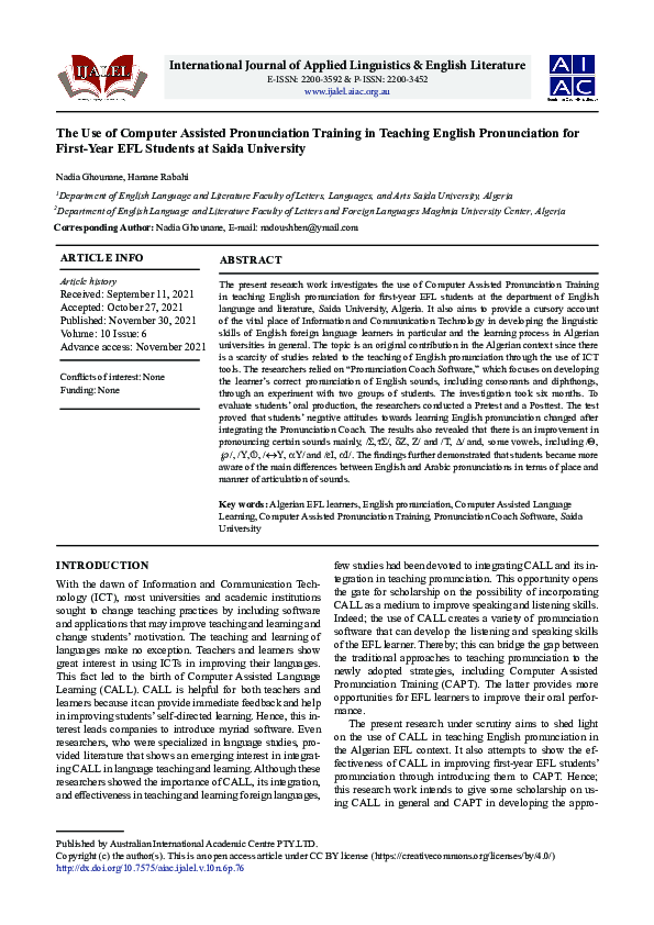 (PDF) The Use of Computer Assisted Pronunciation Training in Teaching ...