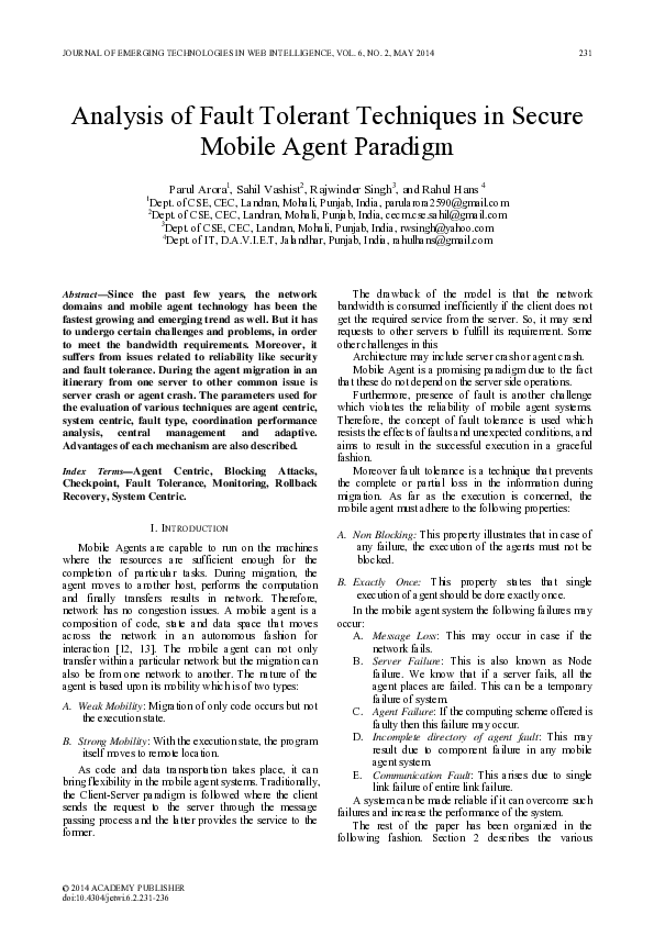 (PDF) Analysis of Fault Tolerant Techniques in Secure Mobile Agent Paradigm