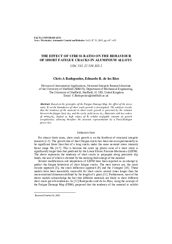 (PDF) The Effect of Stress Ratio on the Behaviour of Short Fatigue ...