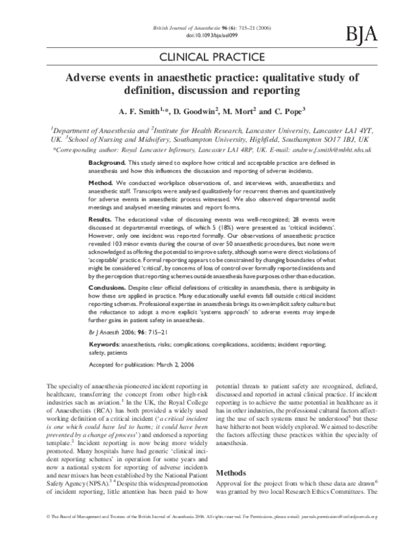 (PDF) Adverse events in anaesthetic practice: qualitative study of ...