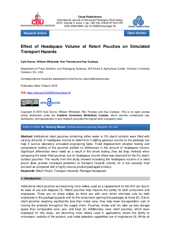 (PDF) Effect of Headspace Volume of Retort Pouches on Simulated ...