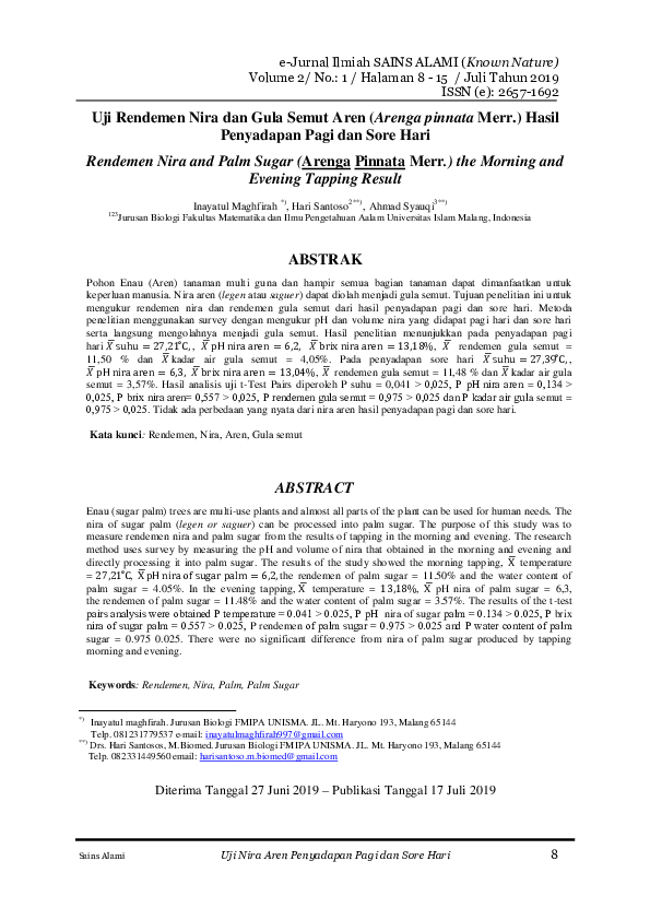 (PDF) Uji Rendemen Nira dan Gula Semut Aren (Arenga pinnata Merr ...