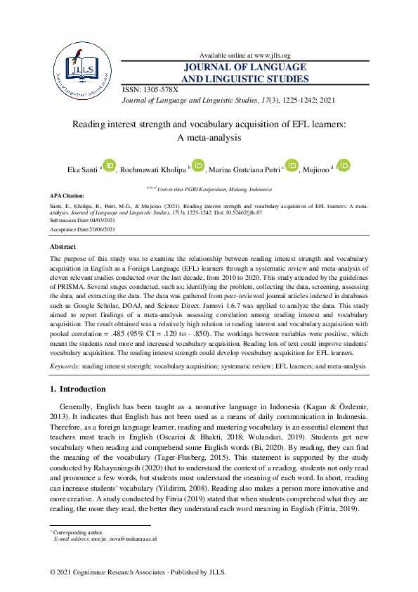 (PDF) Reading Interest Strength and Vocabulary Acquisition of EFL ...
